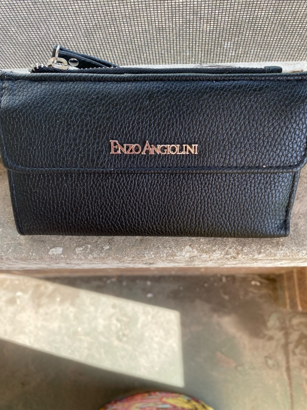 Enzo Angiolini Black Pebbled Leather Clutch Wallet with Gold Logo
